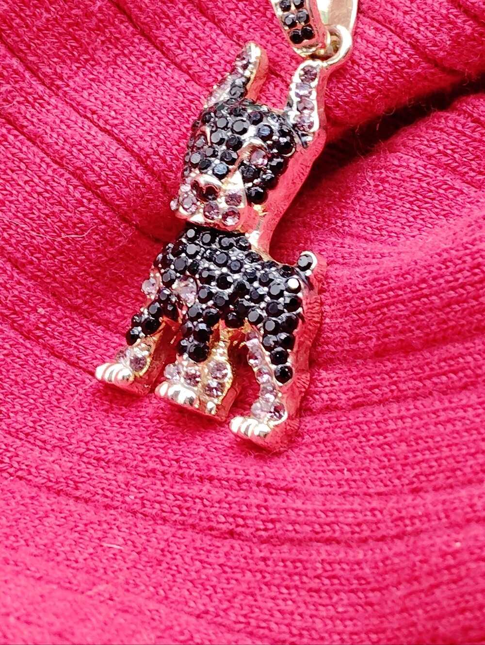 Black Rhinestone French Bulldog/ Doberman/ Mini Dog Pendant Gold Tone